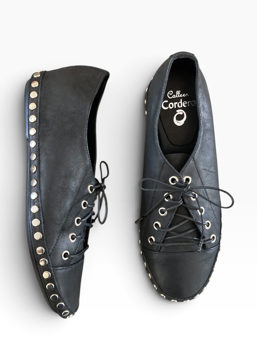 Calleen Cordero Black Leather Studded Lace Up Shoes NWOT Size 9